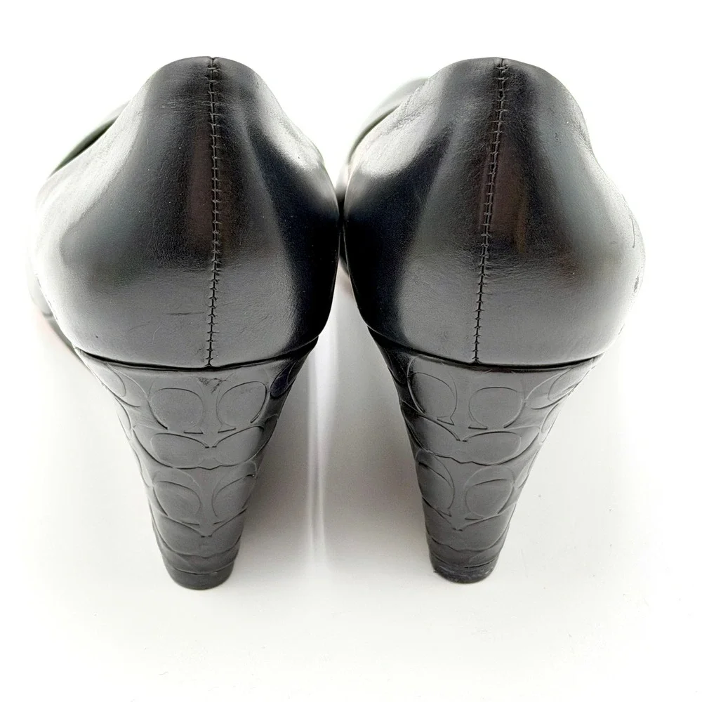 Coach Black Leather Peep Toe Wedge Pumps Embossed Logo Heel 7.5B - Picture 5 of 9